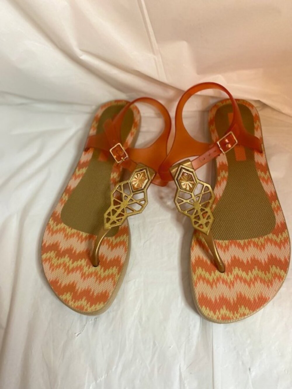 Grendha Jelly Boho Sandals, in Orange and gold, Women's size 9